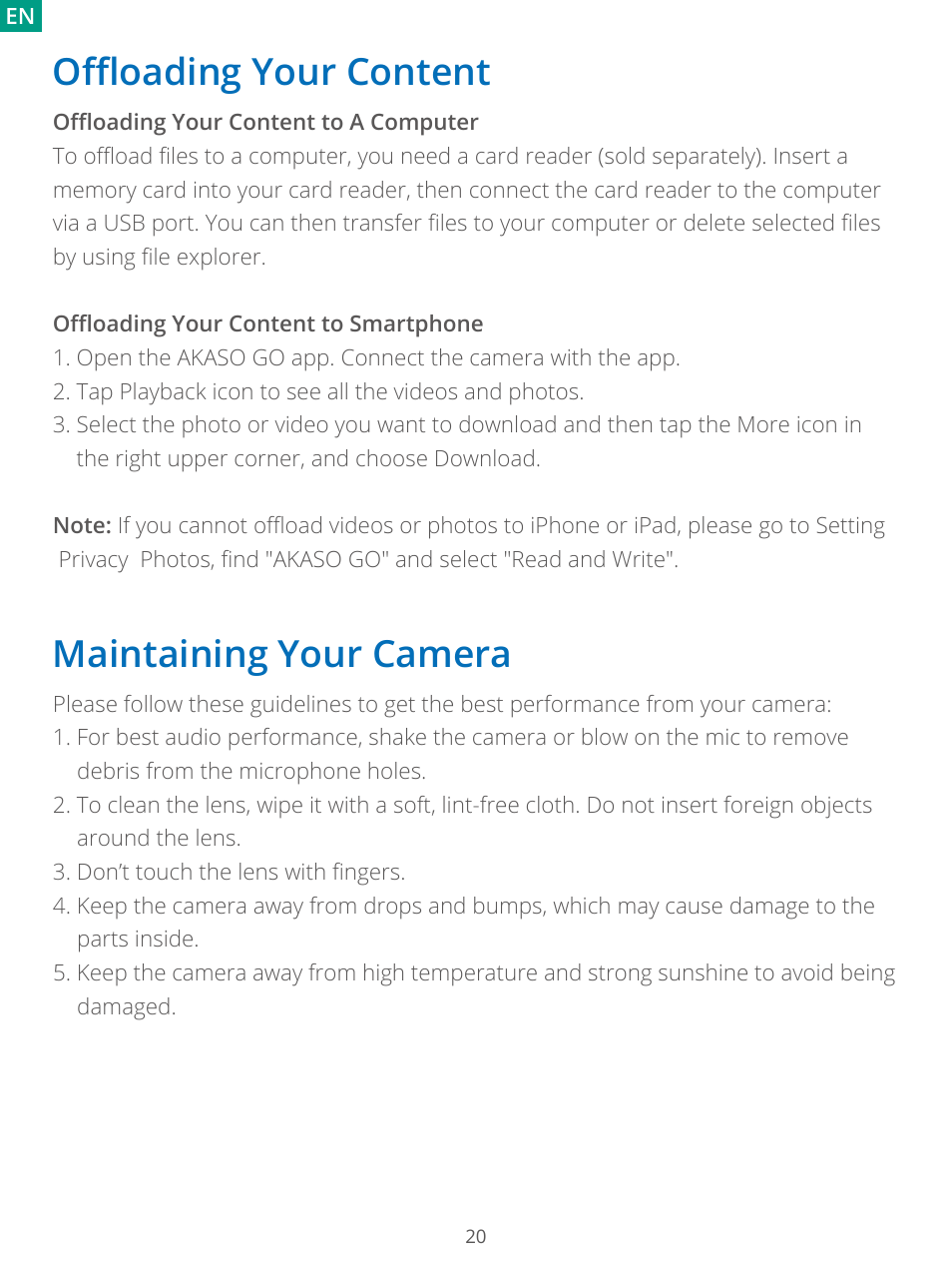 Offloading your content, Maintaining your camera, Oﬄoading your content | AKASO Brave 7 Action Camera User Manual | Page 22 / 159