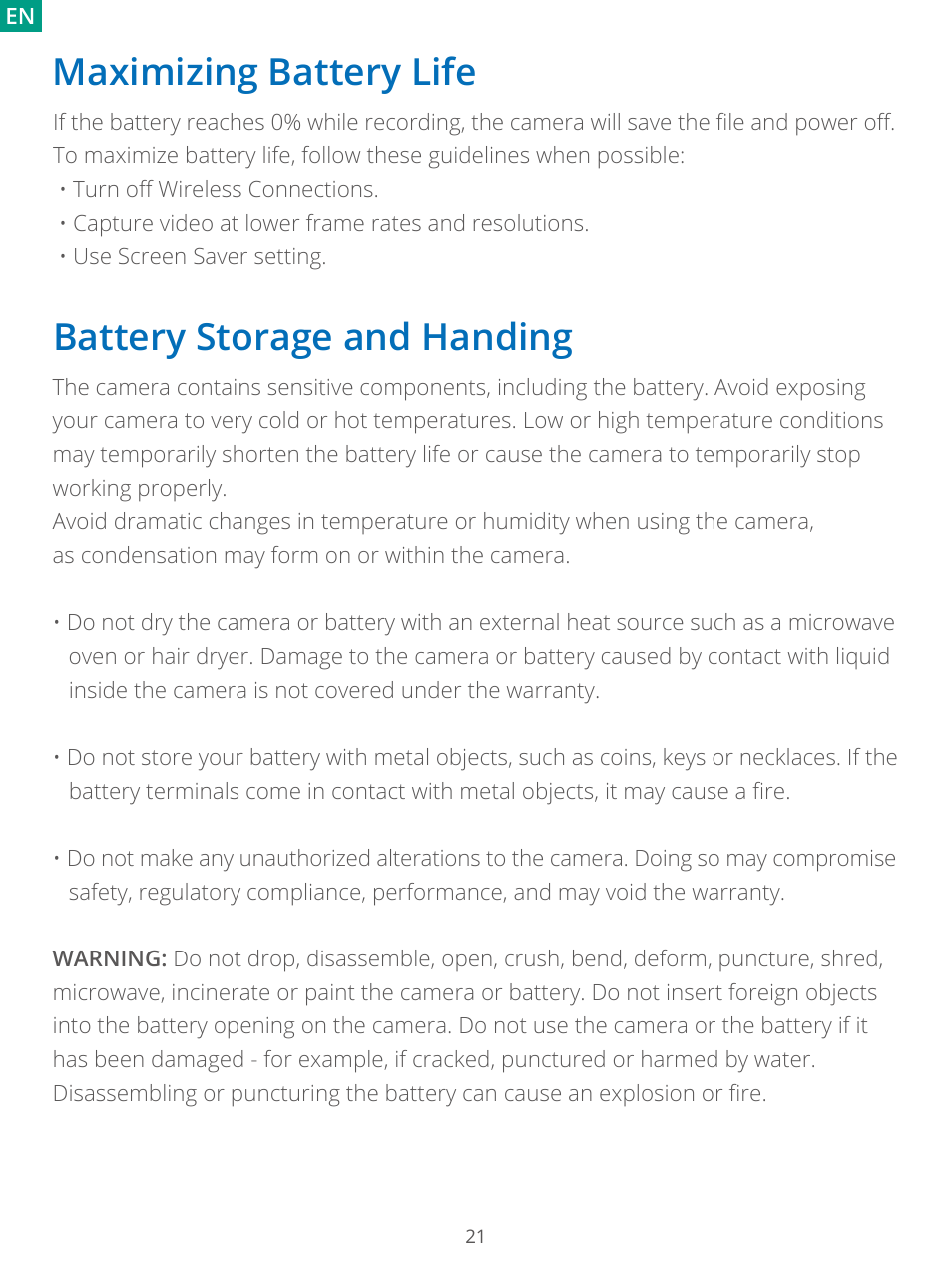 Maximizing battery life, Battery storage and handing | AKASO Brave 7 Action Camera User Manual | Page 23 / 159