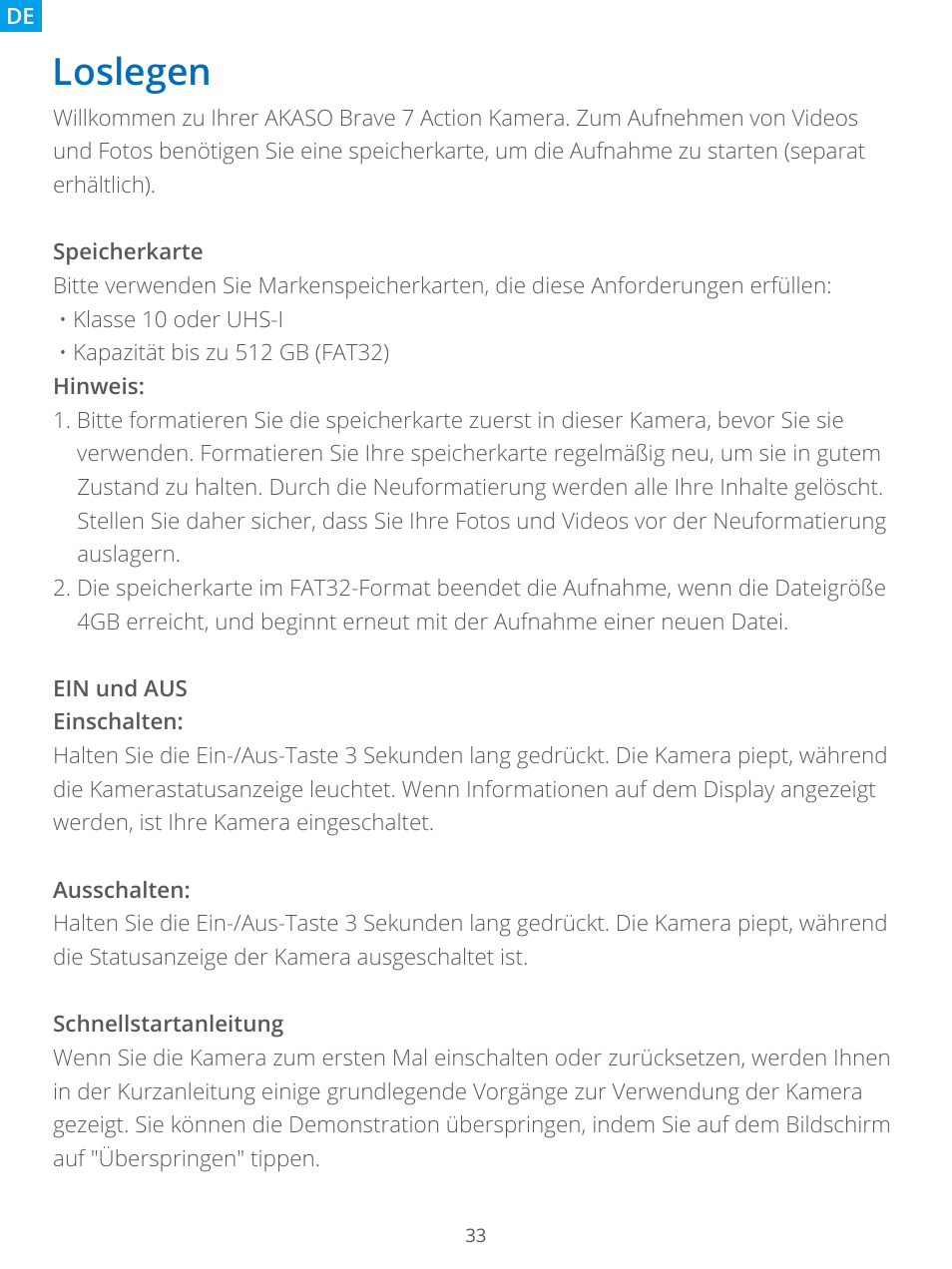 Loslegen, Übersicht der modi | AKASO Brave 7 Action Camera User Manual | Page 35 / 159