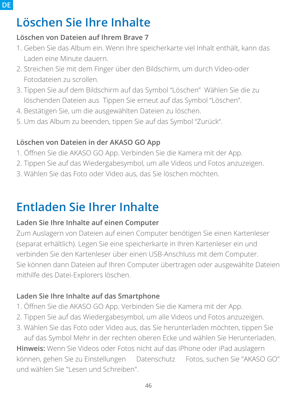 Löschen sie ihre inhalte, Entladen sie ihrer inhalte | AKASO Brave 7 Action Camera User Manual | Page 48 / 159