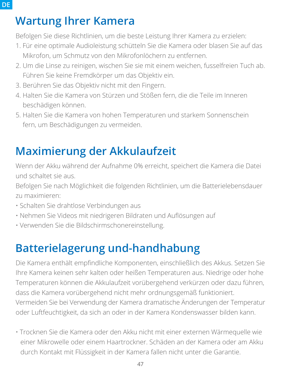 Wartung ihrer kamera, Maximierung der akkulaufzeit, Batterielagerung und-handhabung | AKASO Brave 7 Action Camera User Manual | Page 49 / 159