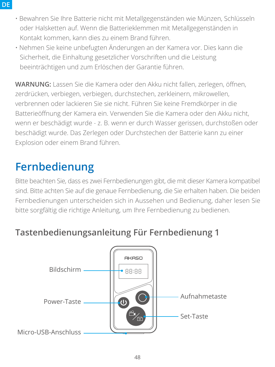 Fernbedienung, Tastenbedienungsanleitung für fernbedienung 1 | AKASO Brave 7 Action Camera User Manual | Page 50 / 159