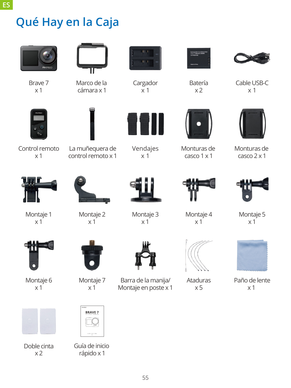 Qué hay en la caja | AKASO Brave 7 Action Camera User Manual | Page 57 / 159