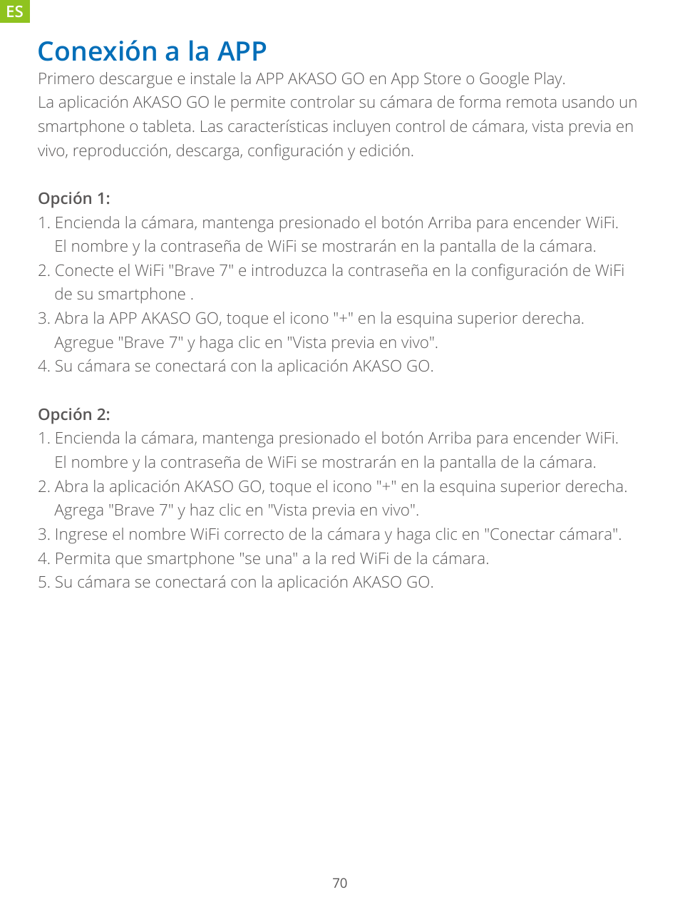 Conexión a la app | AKASO Brave 7 Action Camera User Manual | Page 72 / 159