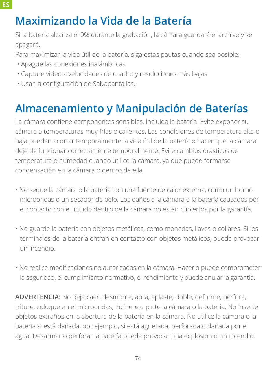 Maximizando la vida de la batería, Almacenamiento y manipulación de baterías | AKASO Brave 7 Action Camera User Manual | Page 76 / 159