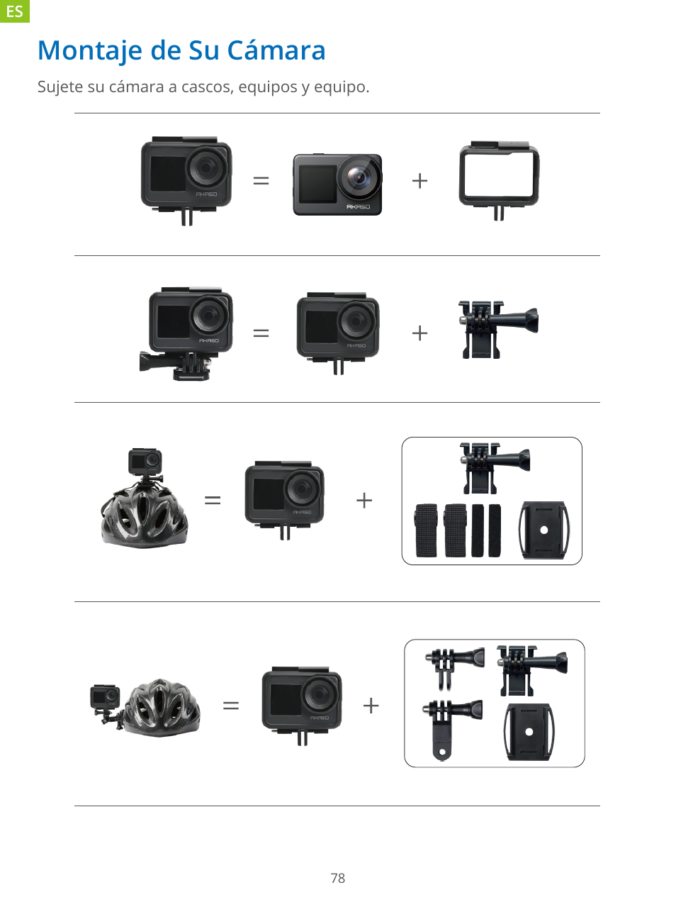 Montaje de su cámara | AKASO Brave 7 Action Camera User Manual | Page 80 / 159