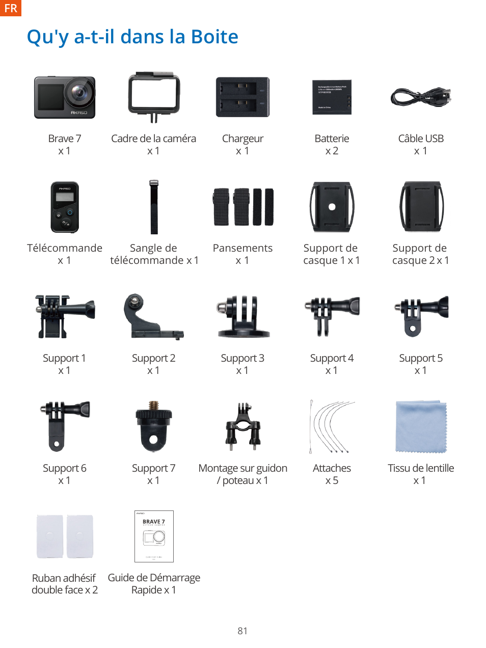 Qu'y a-t-il dans la boite | AKASO Brave 7 Action Camera User Manual | Page 83 / 159