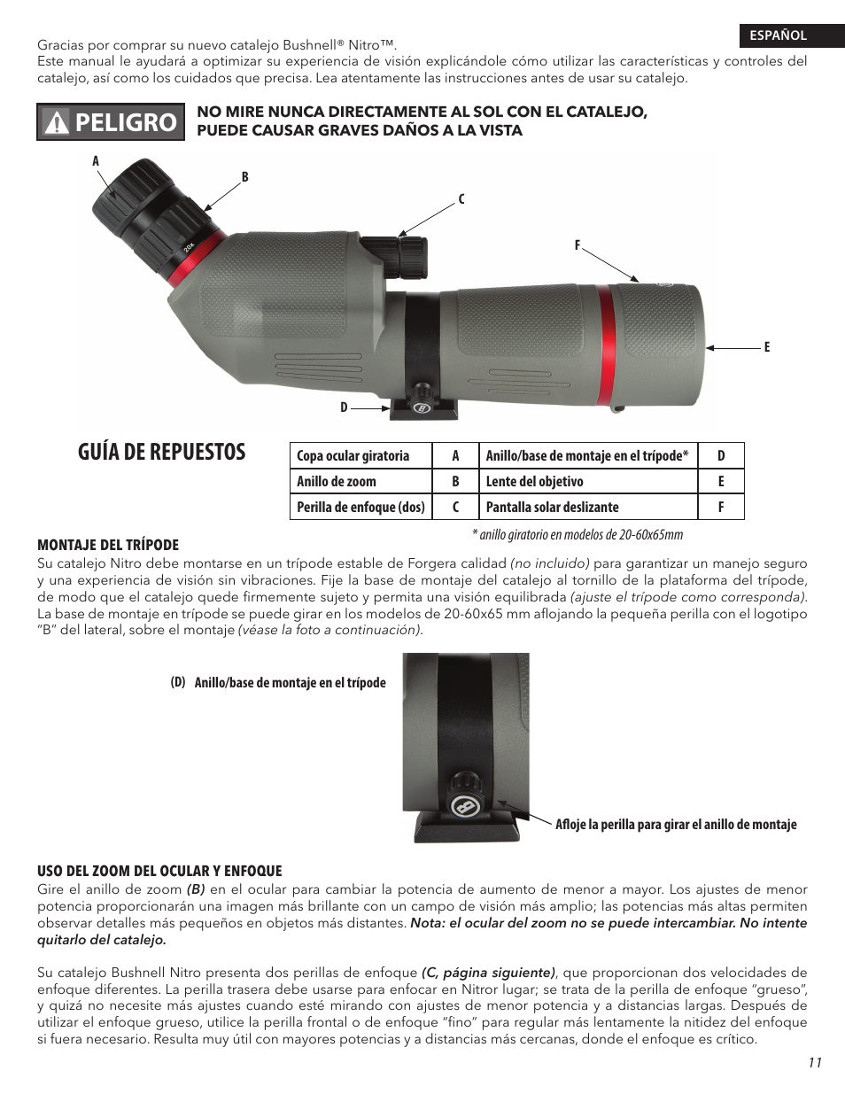 Peligro, Guía de repuestos | Bushnell Nitro 20-60x65 Spotting Scope (Angled Viewing) User Manual | Page 11 / 24