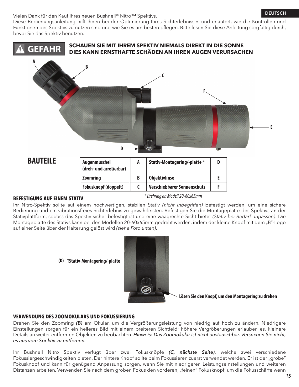 Gefahr, Bauteile | Bushnell Nitro 20-60x65 Spotting Scope (Angled Viewing) User Manual | Page 15 / 24
