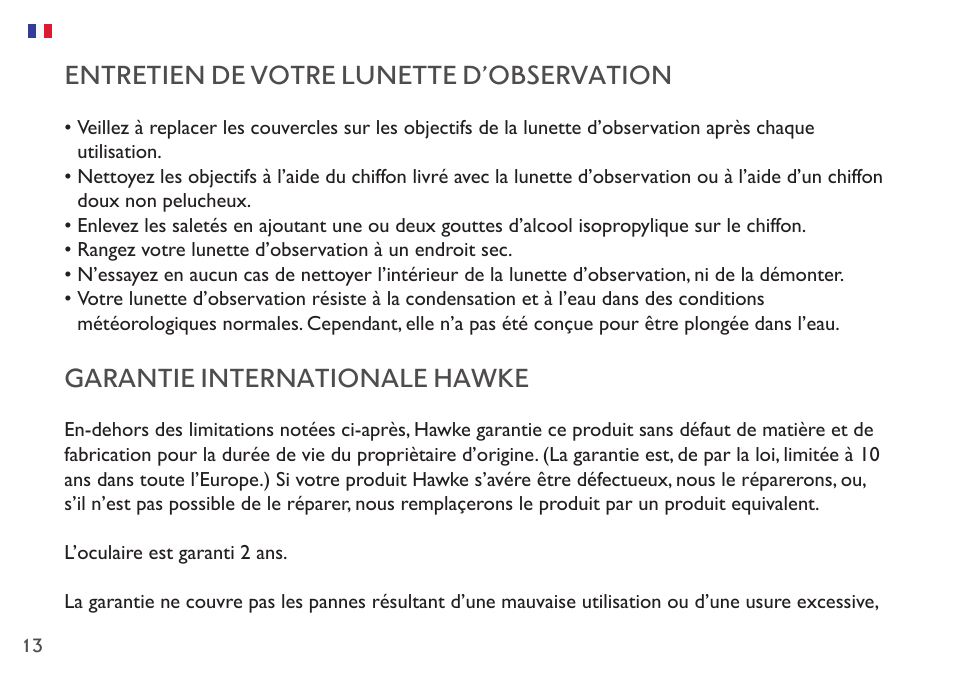 Entretien de votre lunette d’observation, Garantie internationale hawke | Hawke Sport Optics Endurance ED 13-39x50 Spotting Scope (Angled Viewing) User Manual | Page 13 / 23