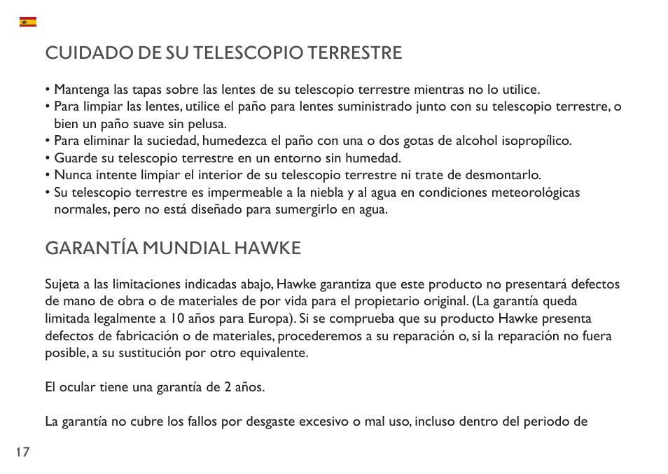Cuidado de su telescopio terrestre, Garantía mundial hawke | Hawke Sport Optics Endurance ED 13-39x50 Spotting Scope (Angled Viewing) User Manual | Page 17 / 23