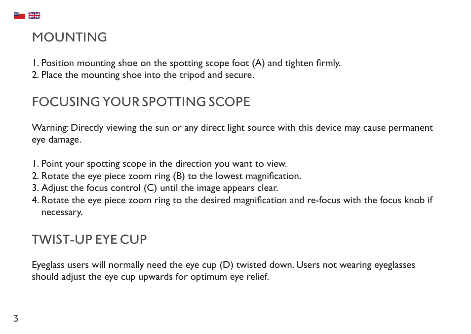Mounting, Focusing your spotting scope, Twist-up eye cup | Hawke Sport Optics Endurance ED 13-39x50 Spotting Scope (Angled Viewing) User Manual | Page 3 / 23