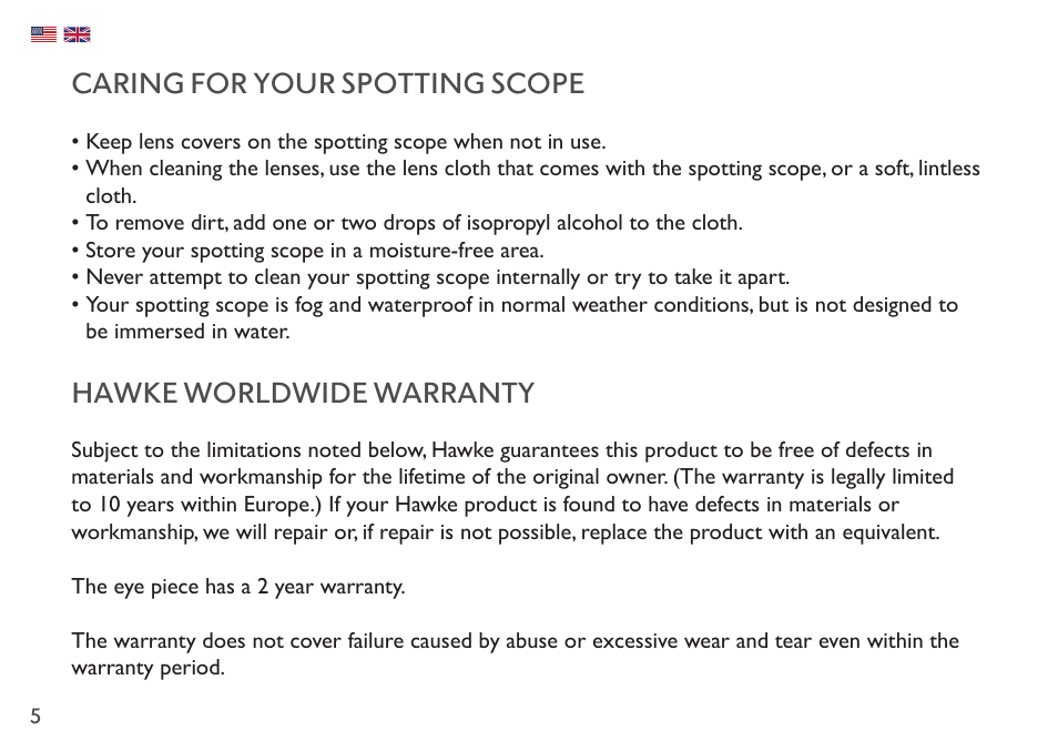 Caring for your spotting scope, Hawke worldwide warranty | Hawke Sport Optics Endurance ED 13-39x50 Spotting Scope (Angled Viewing) User Manual | Page 5 / 23