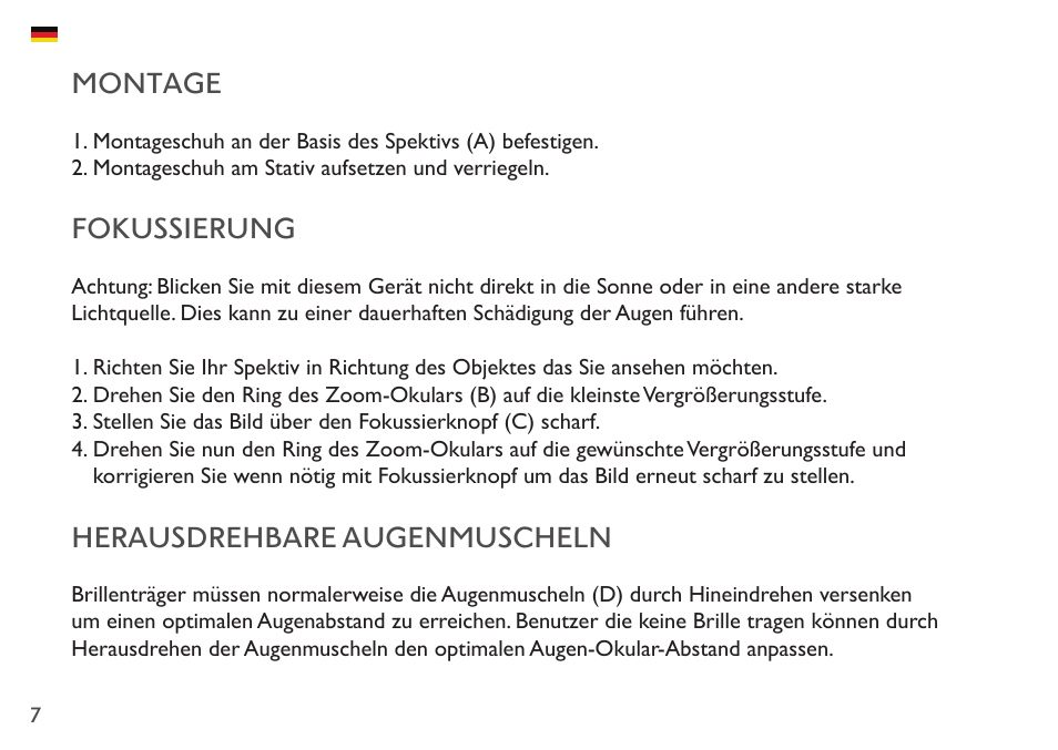 Montage, Fokussierung, Herausdrehbare augenmuscheln | Hawke Sport Optics Endurance ED 13-39x50 Spotting Scope (Angled Viewing) User Manual | Page 7 / 23
