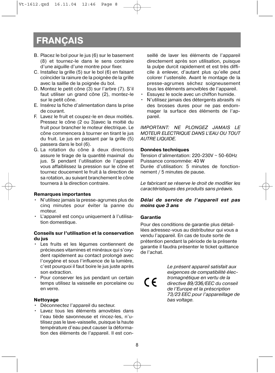 Français | Vitek VT-1612 W User Manual | Page 11 / 32