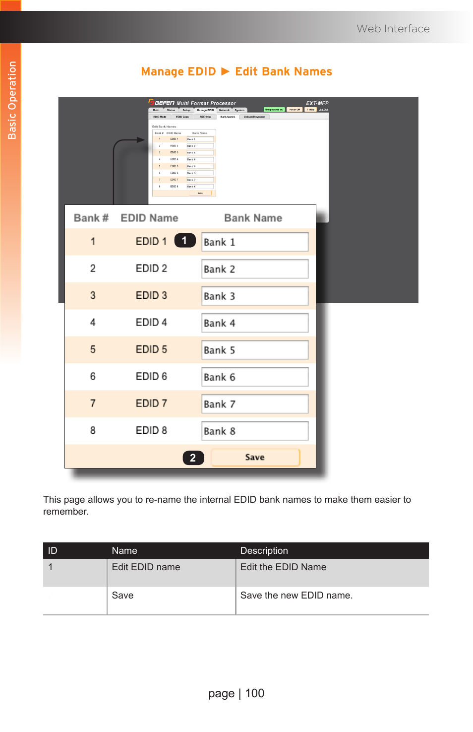 Manage edid ► edit bank names, Page | 100 | Gefen EXT-MFP Audio/Video Multi-Format Processor User Manual | Page 110 / 258