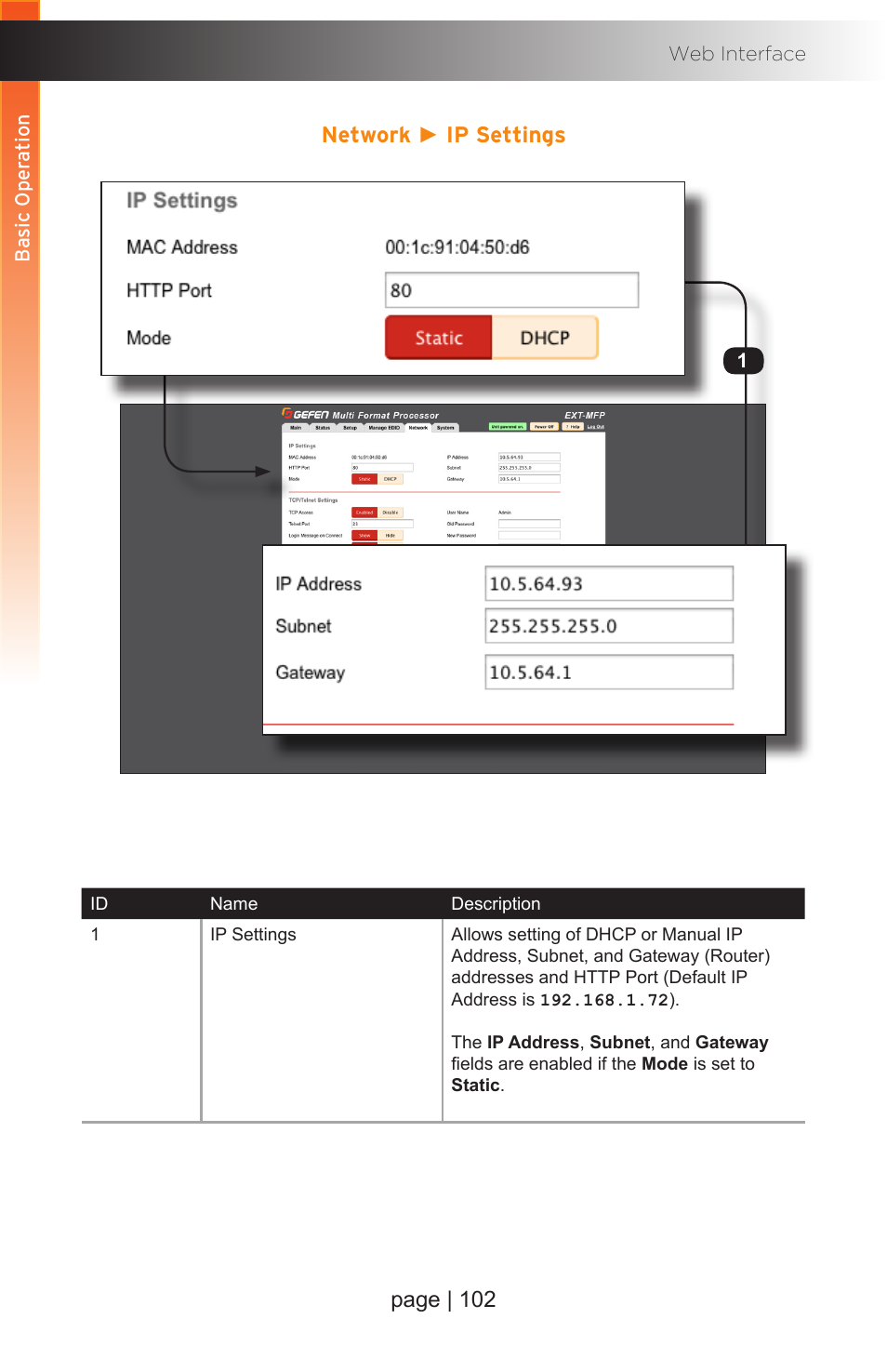 Network ► ip settings, Page | 102 | Gefen EXT-MFP Audio/Video Multi-Format Processor User Manual | Page 112 / 258