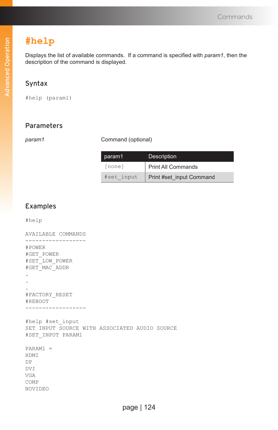Help, Page | 124, Syntax | Parameters, Examples | Gefen EXT-MFP Audio/Video Multi-Format Processor User Manual | Page 134 / 258