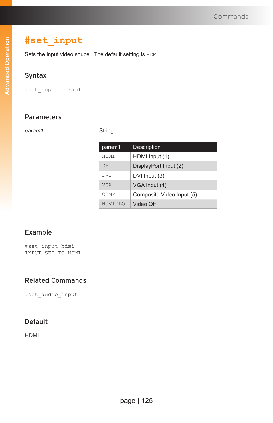 Set_input, Page | 125, Syntax | Parameters, Example, Related commands, Default | Gefen EXT-MFP Audio/Video Multi-Format Processor User Manual | Page 135 / 258