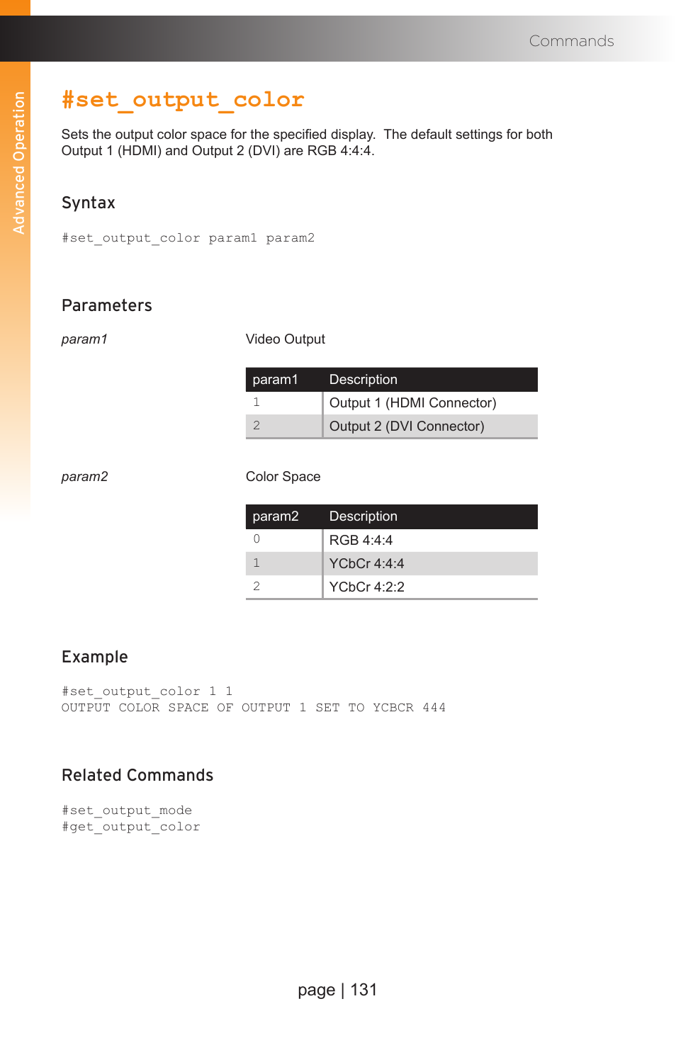 Set_output_color, Page | 131, Syntax | Parameters, Example, Related commands | Gefen EXT-MFP Audio/Video Multi-Format Processor User Manual | Page 141 / 258