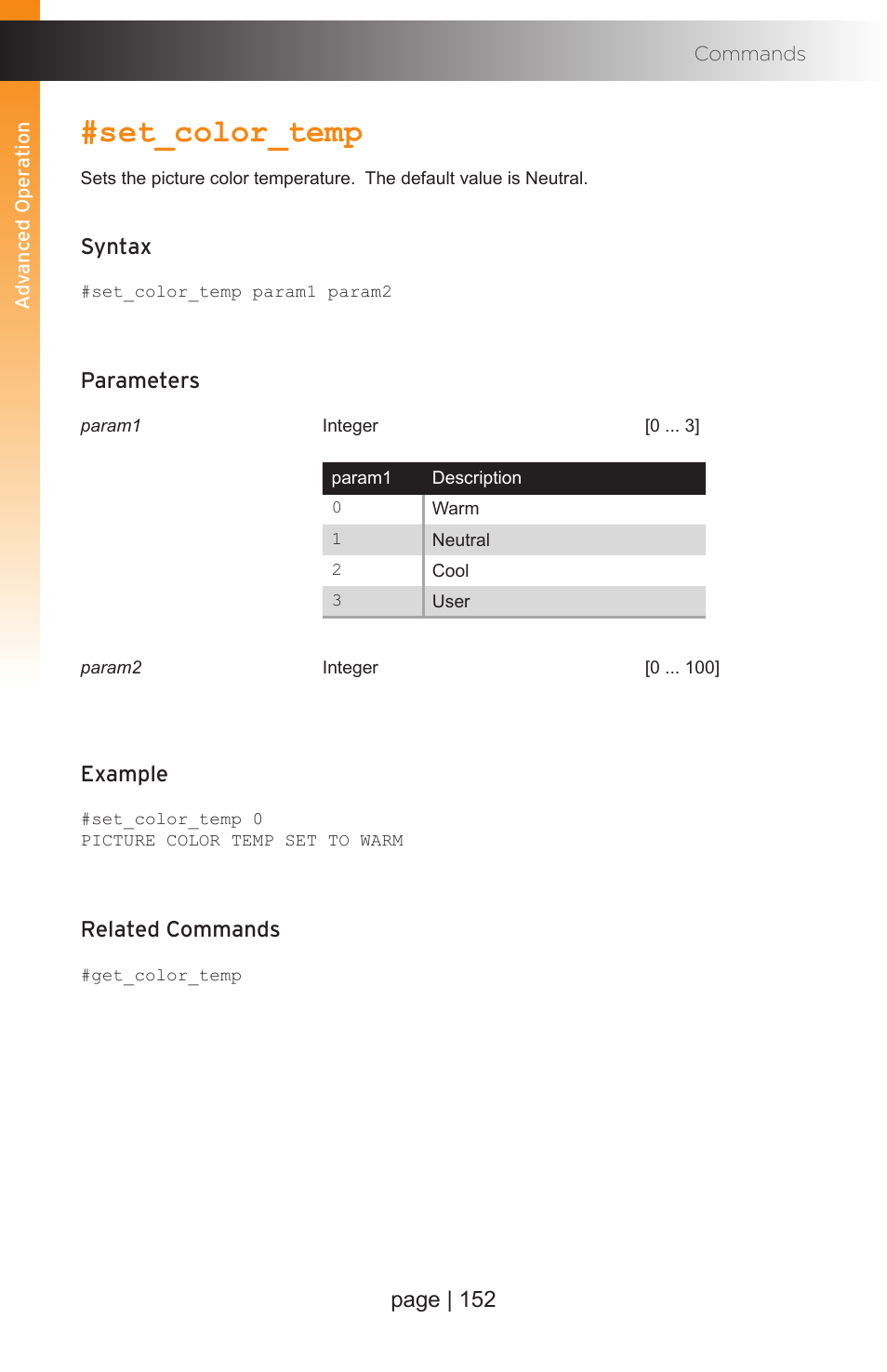 Set_color_temp, Page | 152, Syntax | Parameters, Example, Related commands | Gefen EXT-MFP Audio/Video Multi-Format Processor User Manual | Page 162 / 258