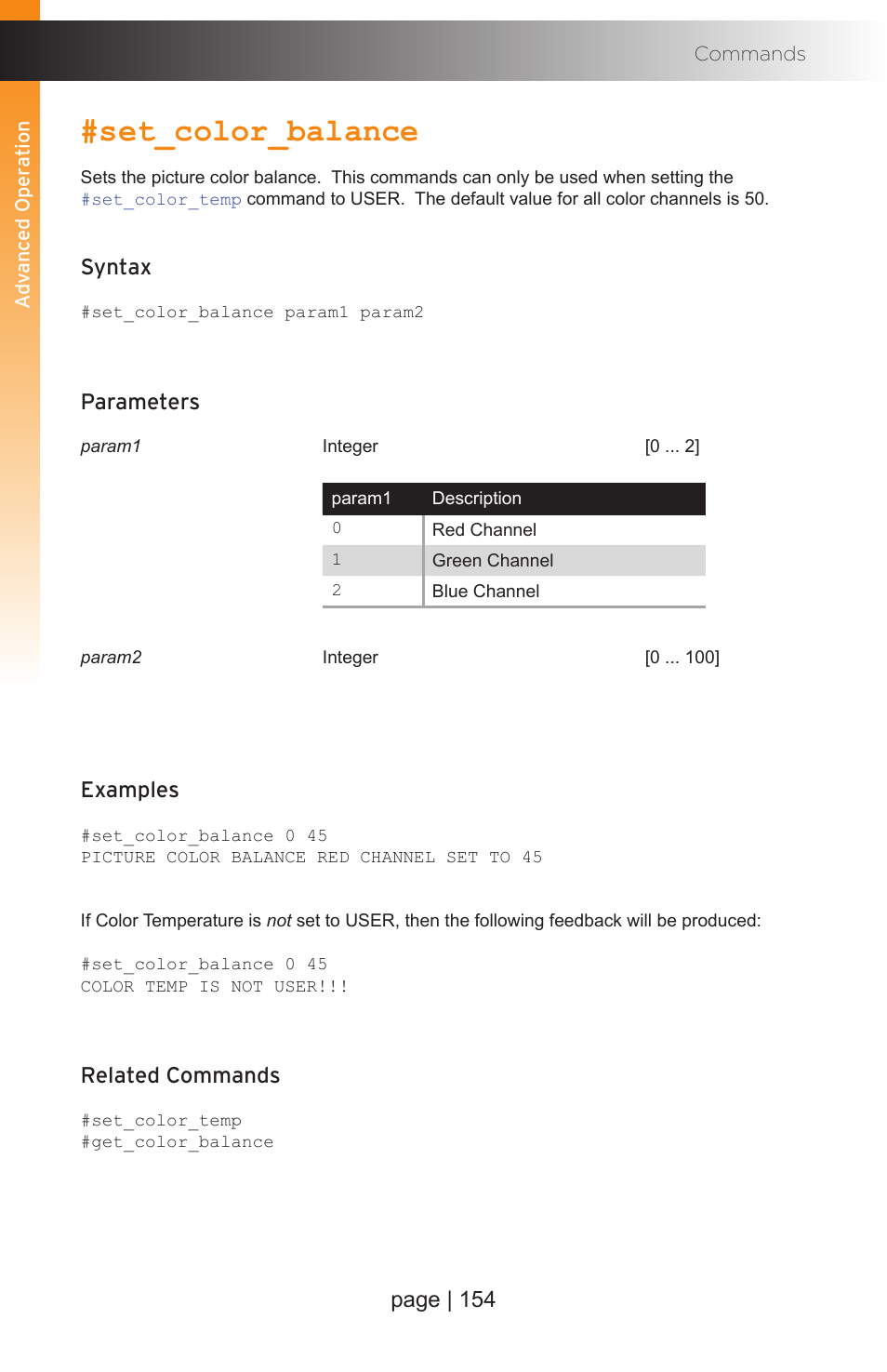 Set_color_balance, Page | 154, Syntax | Parameters, Examples, Related commands | Gefen EXT-MFP Audio/Video Multi-Format Processor User Manual | Page 164 / 258