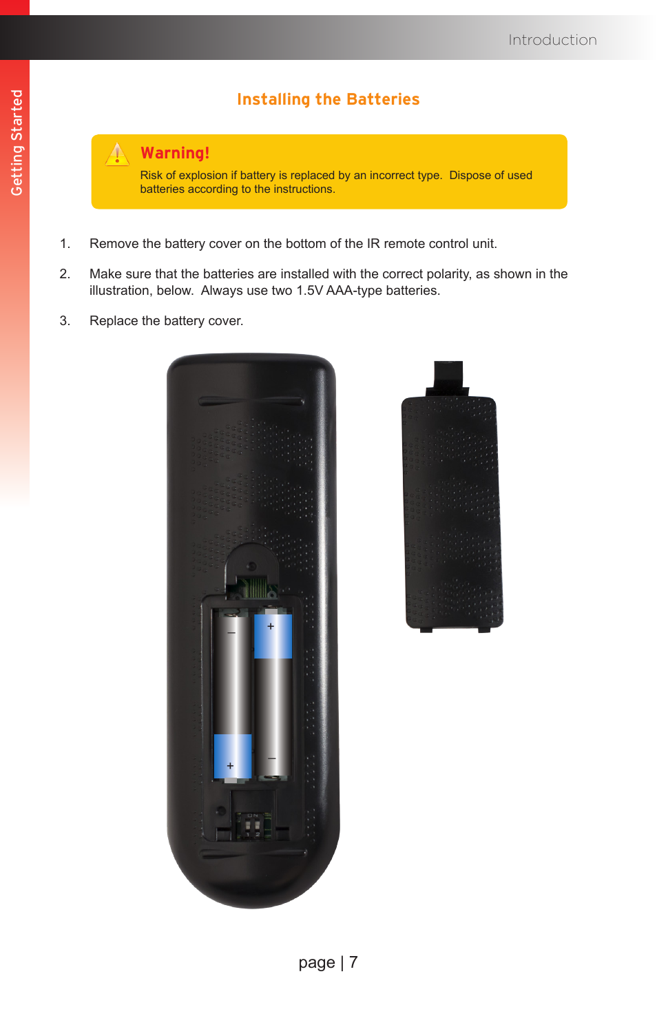 Installing the batteries, Page | 7, Warning | Gefen EXT-MFP Audio/Video Multi-Format Processor User Manual | Page 17 / 258