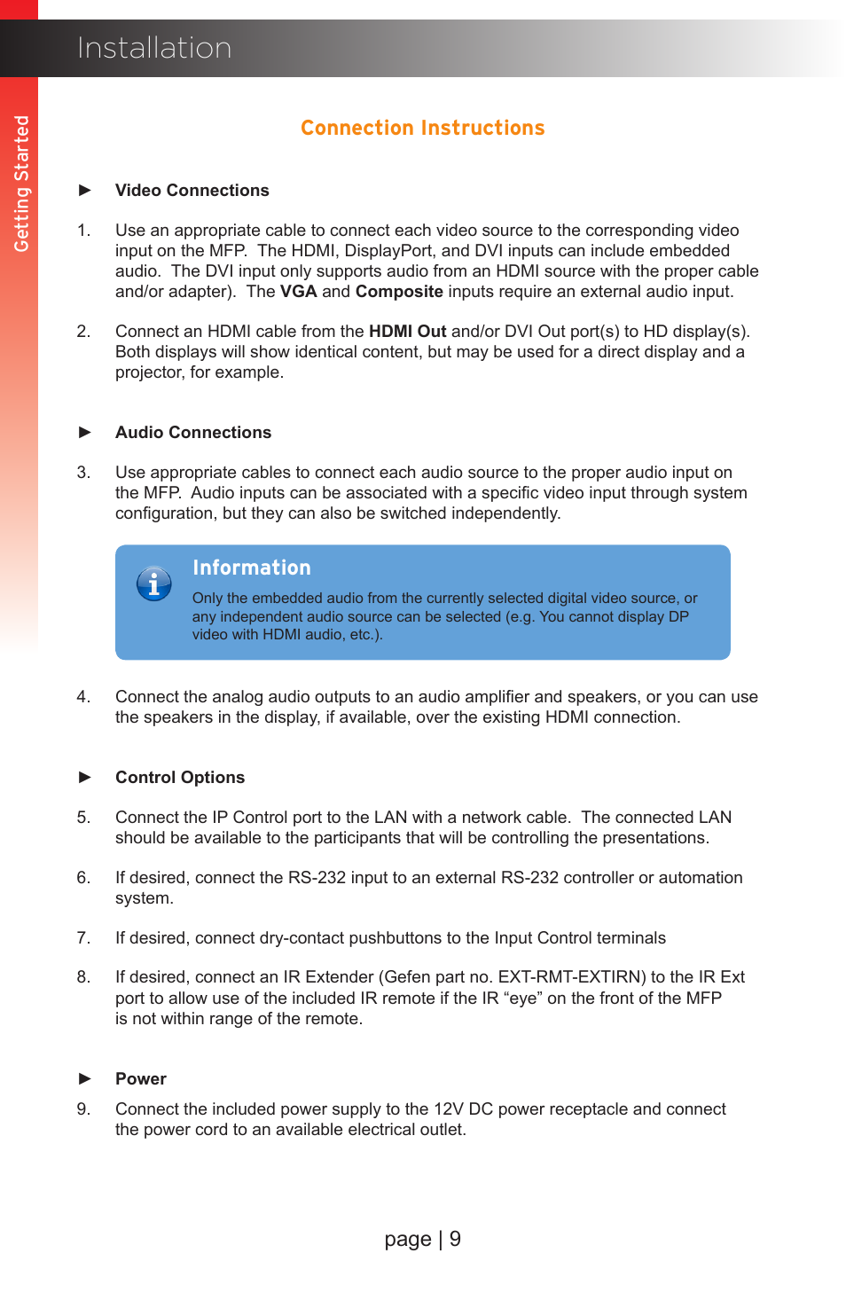 Installation, Connection instructions, Page | 9 connection instructions | Information | Gefen EXT-MFP Audio/Video Multi-Format Processor User Manual | Page 19 / 258