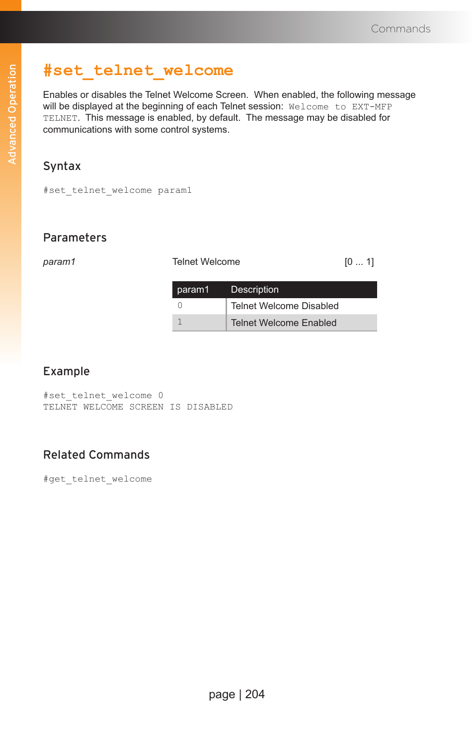 Set_telnet_welcome, Page | 204, Syntax | Parameters, Example, Related commands | Gefen EXT-MFP Audio/Video Multi-Format Processor User Manual | Page 214 / 258