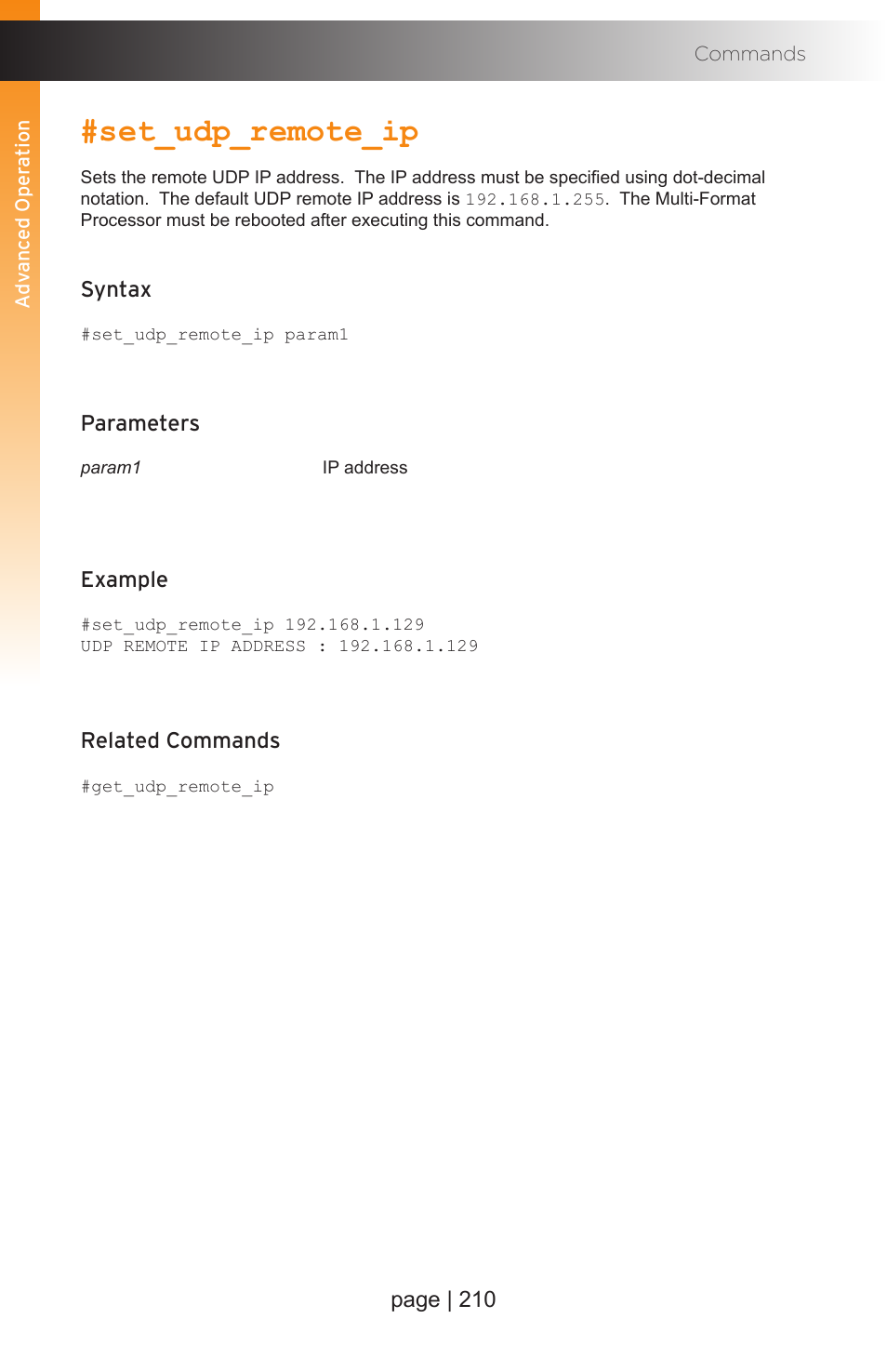 Set_udp_remote_ip | Gefen EXT-MFP Audio/Video Multi-Format Processor User Manual | Page 220 / 258