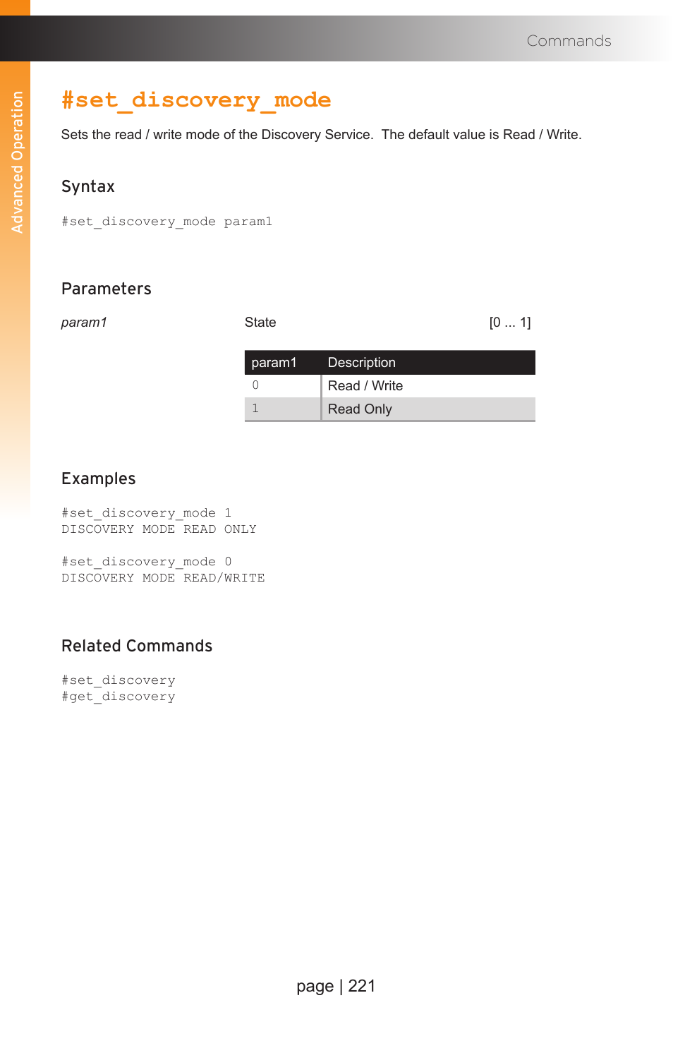 Set_discovery_mode, Page | 221, Syntax | Parameters, Examples, Related commands | Gefen EXT-MFP Audio/Video Multi-Format Processor User Manual | Page 231 / 258