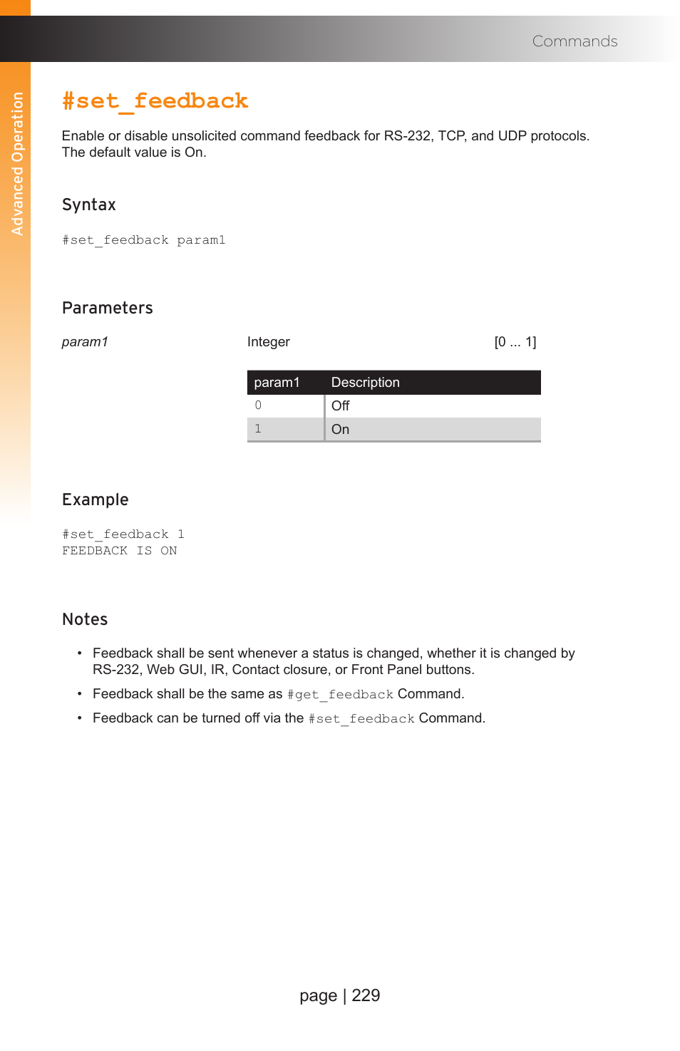 Set_feedback, Page | 229, Syntax | Parameters, Example | Gefen EXT-MFP Audio/Video Multi-Format Processor User Manual | Page 239 / 258
