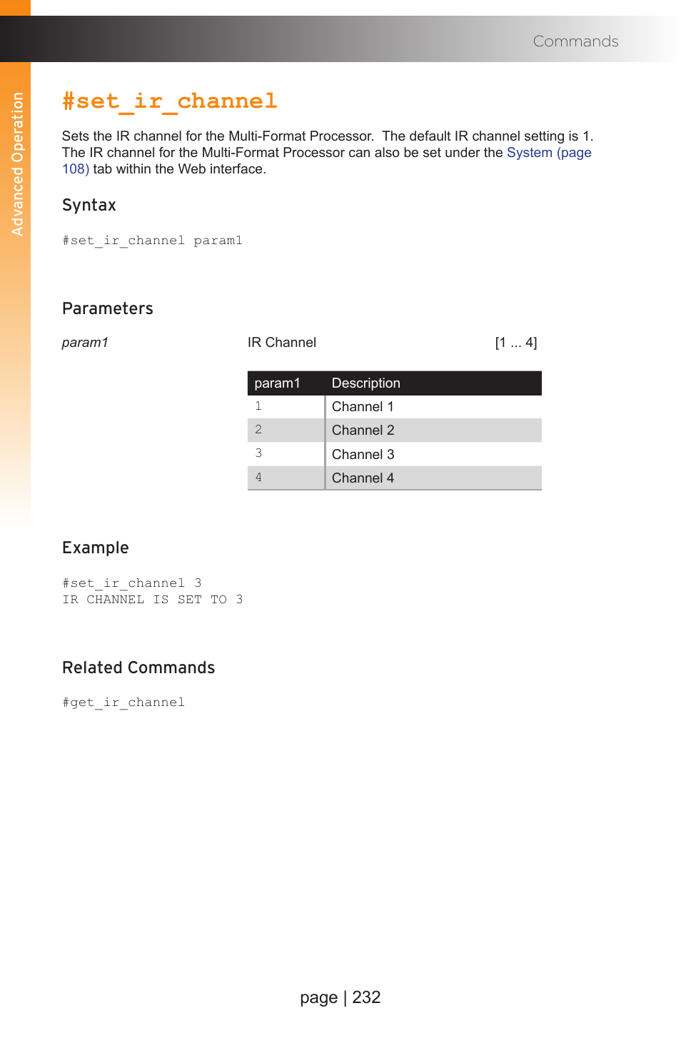 Set_ir_channel, Page | 232, Syntax | Parameters, Example, Related commands | Gefen EXT-MFP Audio/Video Multi-Format Processor User Manual | Page 242 / 258