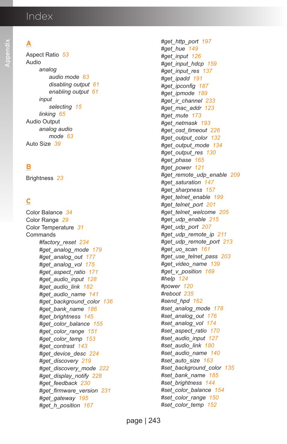 Index, Page | 243 | Gefen EXT-MFP Audio/Video Multi-Format Processor User Manual | Page 253 / 258