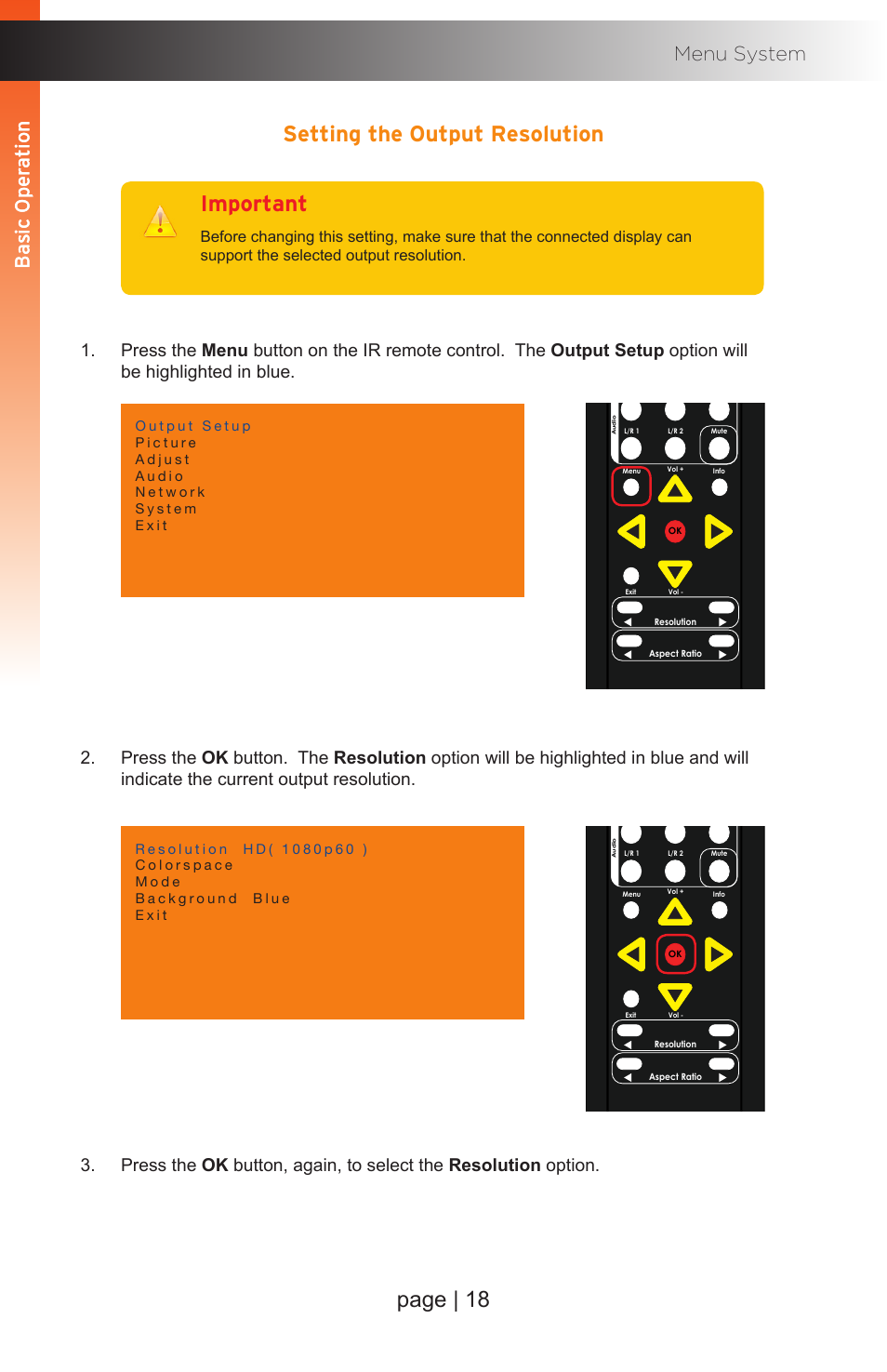 Setting the output resolution, Page | 18, Important | Gefen EXT-MFP Audio/Video Multi-Format Processor User Manual | Page 28 / 258