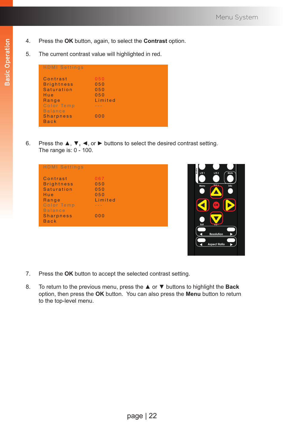 Page | 22, Basic oper ation b asic oper ation menu system, Basic oper ation b asic oper ation | Gefen EXT-MFP Audio/Video Multi-Format Processor User Manual | Page 32 / 258