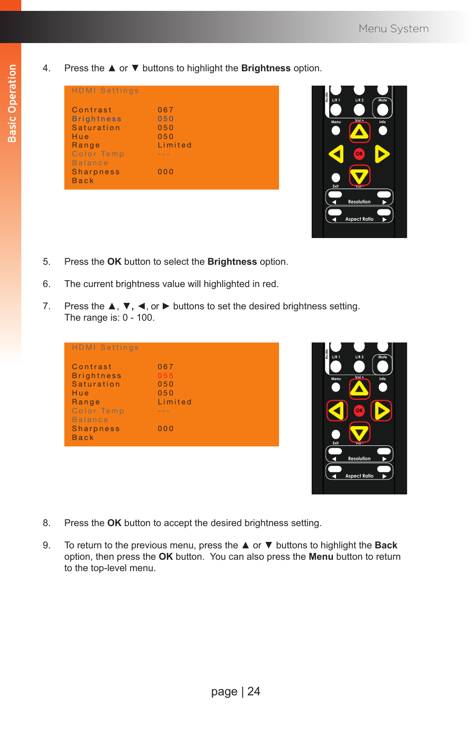 Page | 24, Basic oper ation b asic oper ation menu system, Basic oper ation b asic oper ation | Gefen EXT-MFP Audio/Video Multi-Format Processor User Manual | Page 34 / 258