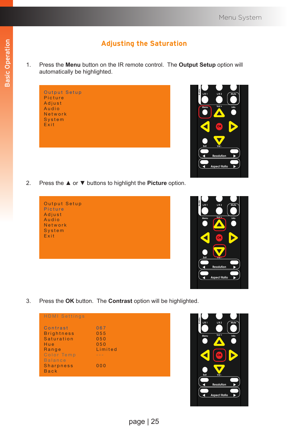 Adjusting the saturation, Page | 25, Basic oper ation b asic oper ation menu system | Gefen EXT-MFP Audio/Video Multi-Format Processor User Manual | Page 35 / 258
