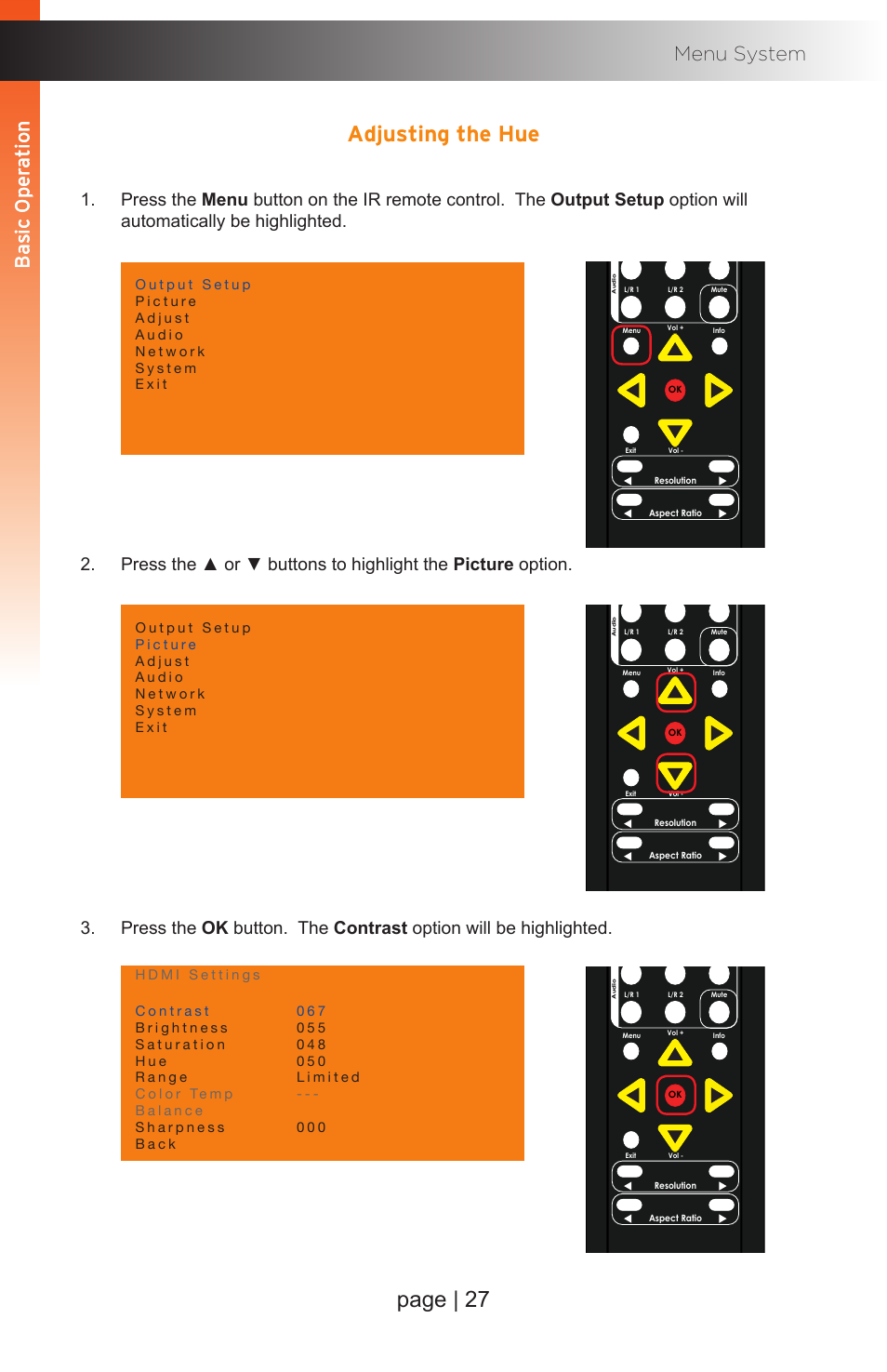 Adjusting the hue, Page | 27, Basic oper ation b asic oper ation menu system | Gefen EXT-MFP Audio/Video Multi-Format Processor User Manual | Page 37 / 258