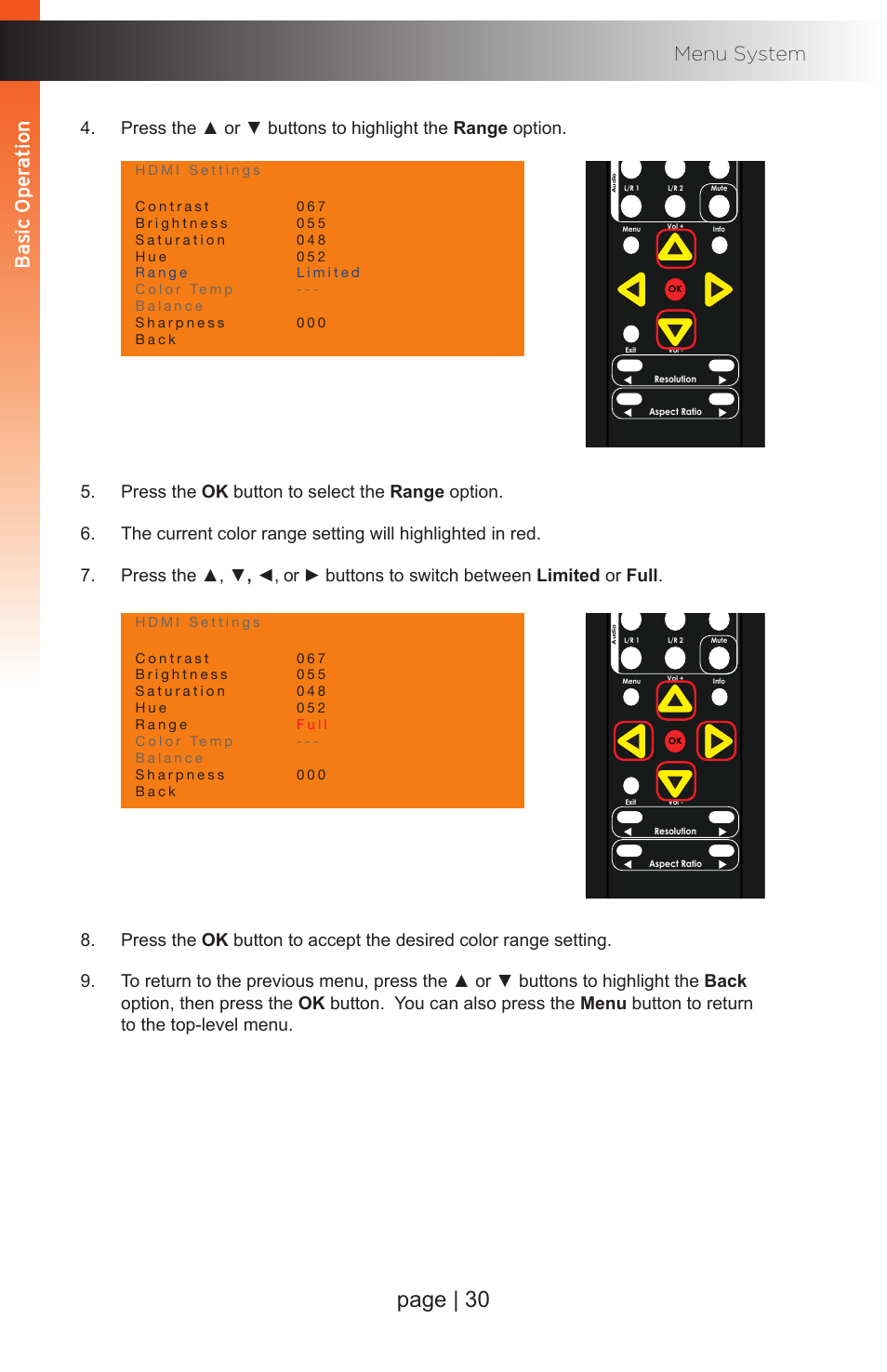 Page | 30, Basic oper ation b asic oper ation menu system, Basic oper ation b asic oper ation | Gefen EXT-MFP Audio/Video Multi-Format Processor User Manual | Page 40 / 258