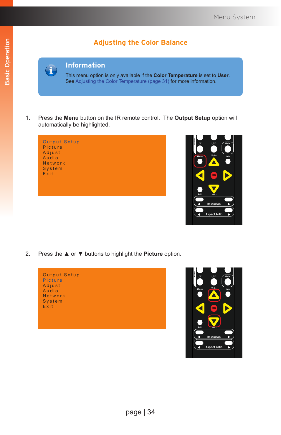 Adjusting the color balance, For more information, Page | 34 | Information, Basic oper ation b asic oper ation menu system, Basic oper ation b asic oper ation | Gefen EXT-MFP Audio/Video Multi-Format Processor User Manual | Page 44 / 258