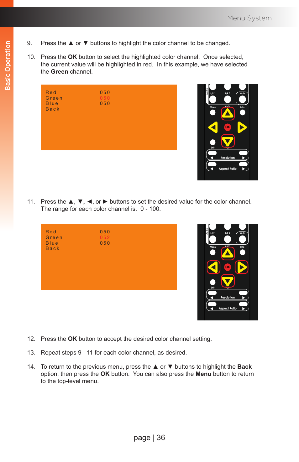 Page | 36, Basic oper ation b asic oper ation menu system, Basic oper ation b asic oper ation | Gefen EXT-MFP Audio/Video Multi-Format Processor User Manual | Page 46 / 258