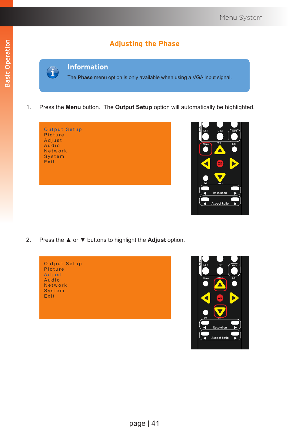 Adjusting the phase, Page | 41, Information | Basic oper ation b asic oper ation menu system | Gefen EXT-MFP Audio/Video Multi-Format Processor User Manual | Page 51 / 258