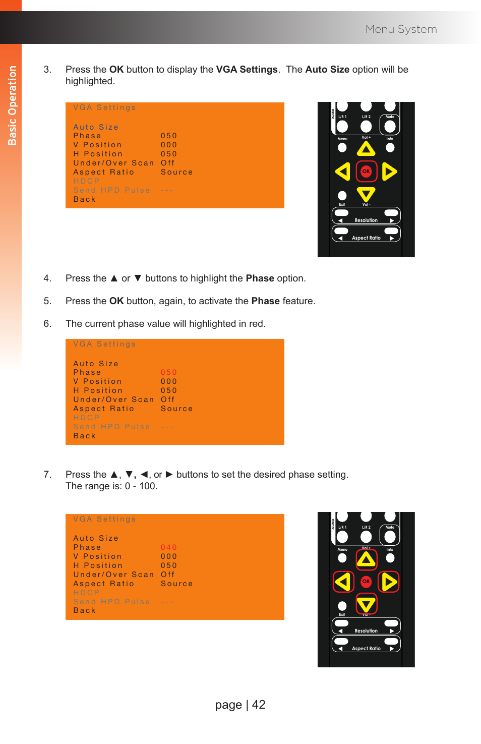 Page | 42, Basic oper ation b asic oper ation menu system, Basic oper ation b asic oper ation | Gefen EXT-MFP Audio/Video Multi-Format Processor User Manual | Page 52 / 258