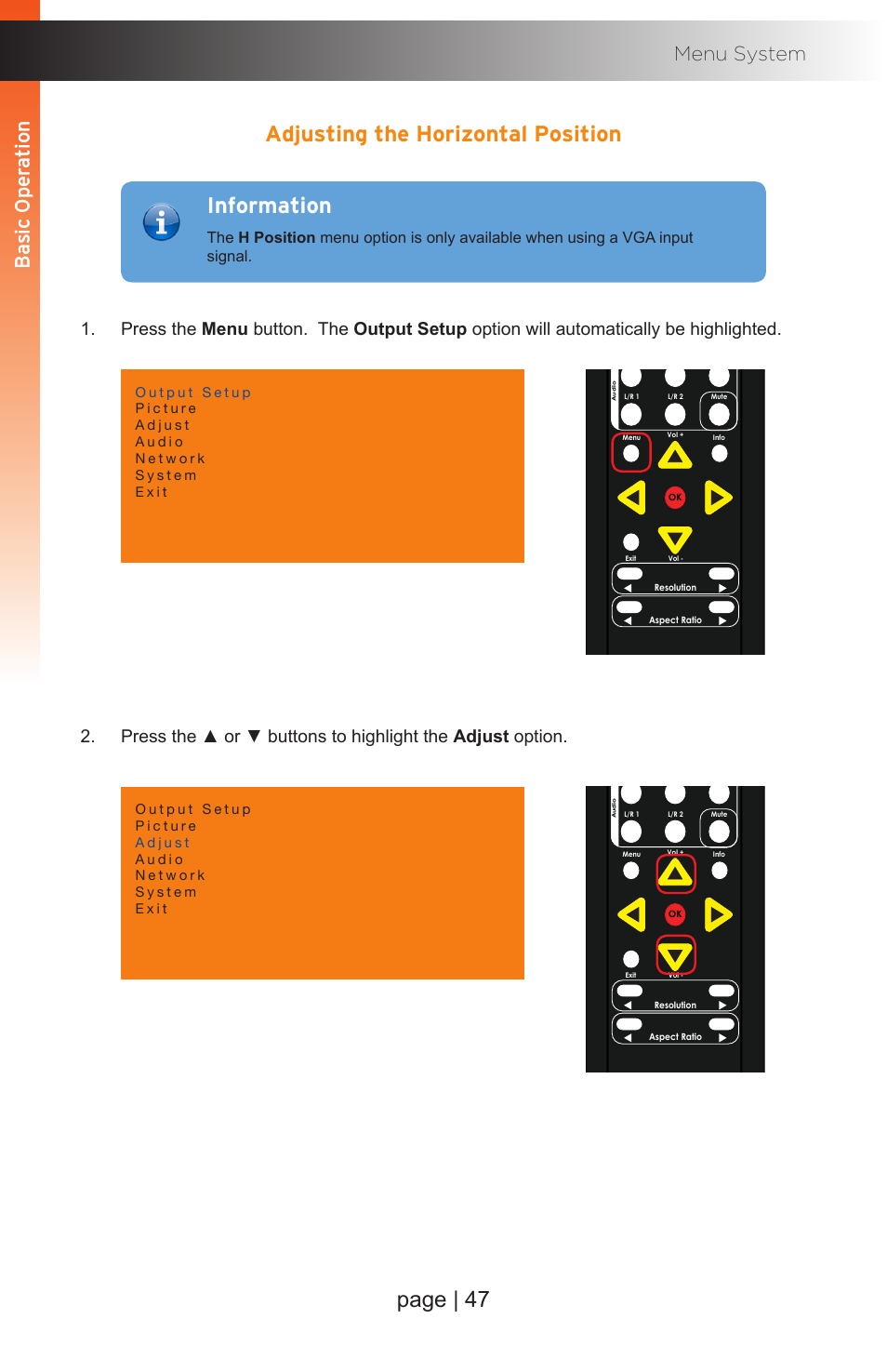 Adjusting the horizontal position, Page | 47, Information | Basic oper ation b asic oper ation menu system | Gefen EXT-MFP Audio/Video Multi-Format Processor User Manual | Page 57 / 258
