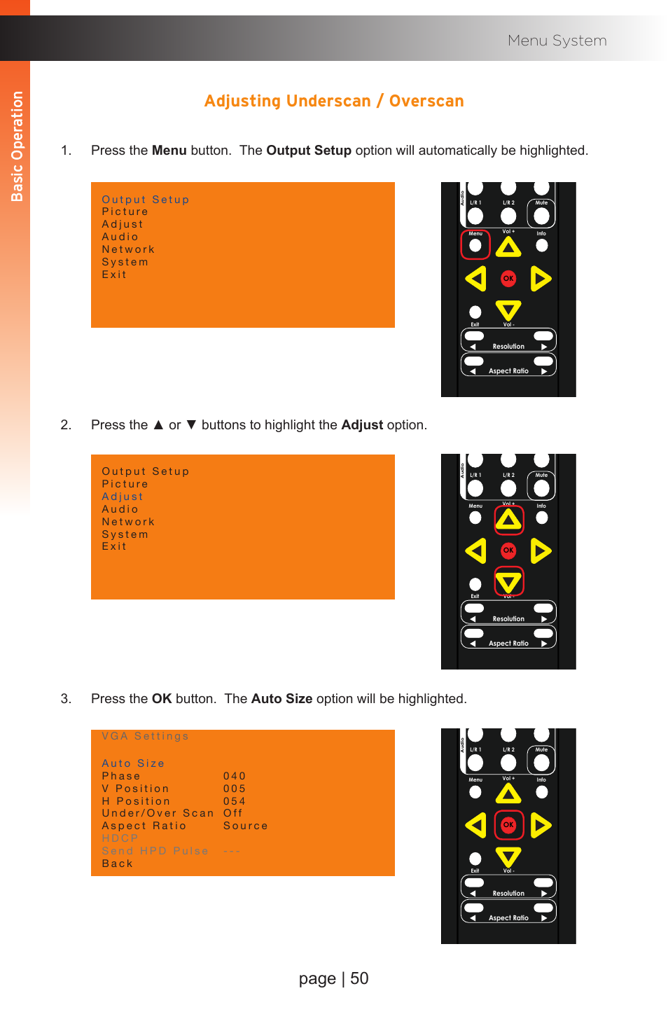 Adjusting underscan / overscan, Page | 50, Basic oper ation b asic oper ation menu system | Basic oper ation b asic oper ation | Gefen EXT-MFP Audio/Video Multi-Format Processor User Manual | Page 60 / 258