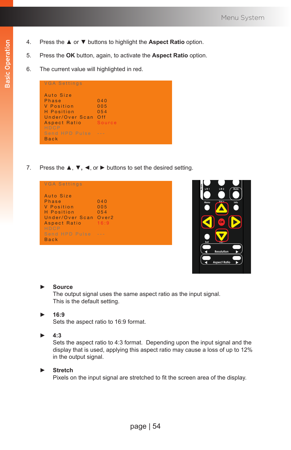 Page | 54, Basic oper ation b asic oper ation menu system, Basic oper ation | Gefen EXT-MFP Audio/Video Multi-Format Processor User Manual | Page 64 / 258