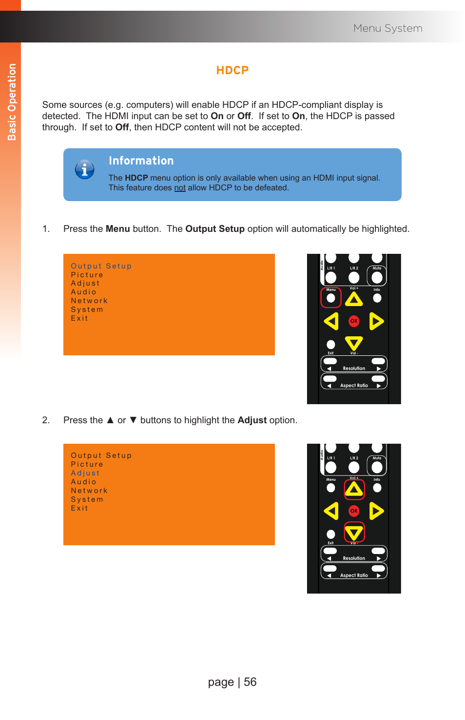 Hdcp, Page | 56, Information | Basic oper ation b asic oper ation menu system, Basic oper ation b asic oper ation | Gefen EXT-MFP Audio/Video Multi-Format Processor User Manual | Page 66 / 258