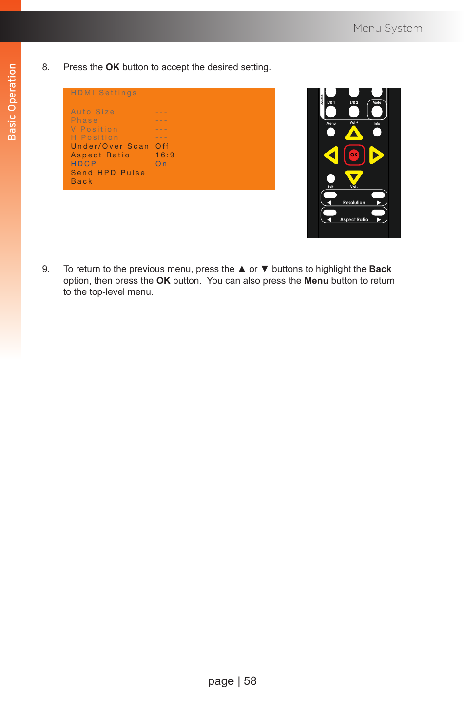 Page | 58, Basic oper ation menu system, Basic oper ation b asic oper ation | Gefen EXT-MFP Audio/Video Multi-Format Processor User Manual | Page 68 / 258