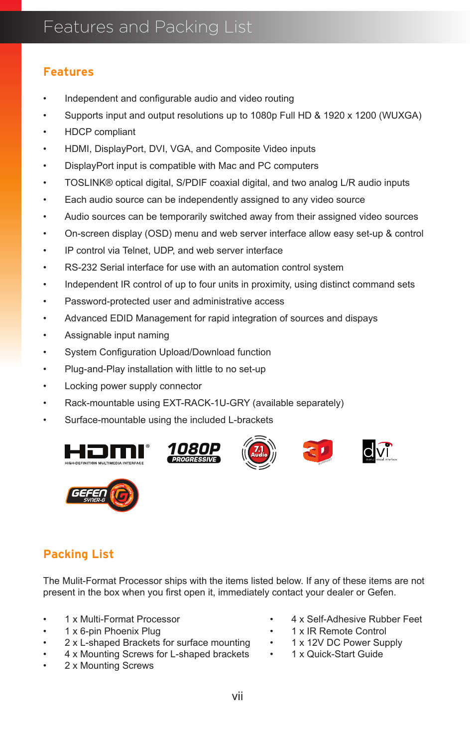 Features and packing list, 1080p, Features | Packing list | Gefen EXT-MFP Audio/Video Multi-Format Processor User Manual | Page 7 / 258